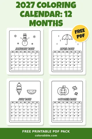 12 2027 Calendar coloring pages – preview of the free PDF pack