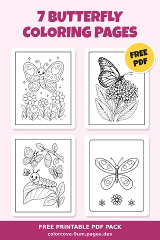 7 Butterfly coloring pages – preview of the free PDF pack