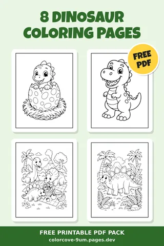 8 Dinosaur coloring pages – preview of the free PDF pack