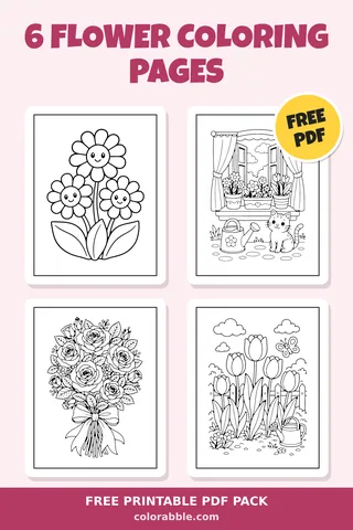 6 Flower coloring pages – preview of the free PDF pack