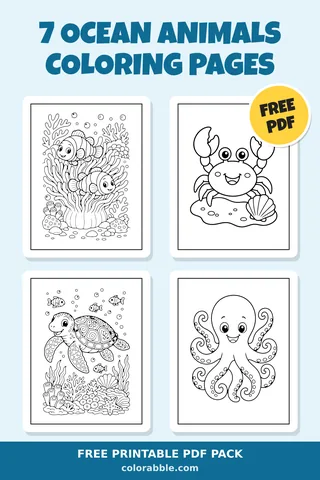 7 Ocean Animals coloring pages – preview of the free PDF pack