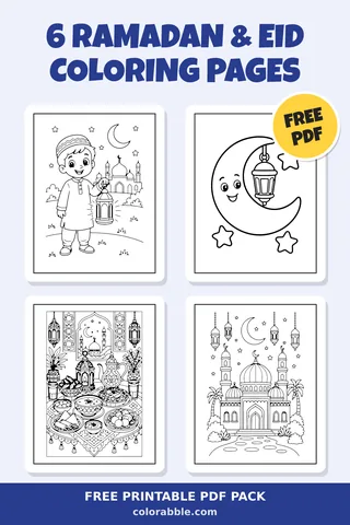 6 Ramadan & Eid coloring pages – preview of the free PDF pack