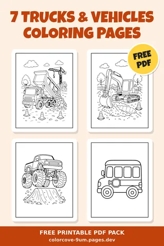 7 Trucks & Vehicles coloring pages – preview of the free PDF pack