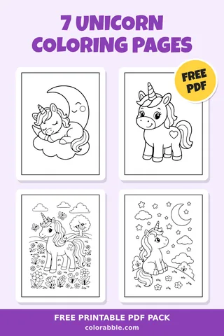 7 Unicorn coloring pages – preview of the free PDF pack