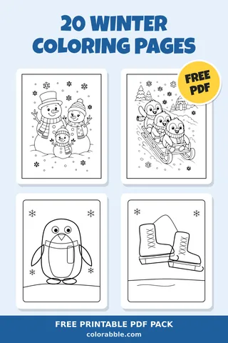 20 Winter coloring pages – preview of the free PDF pack