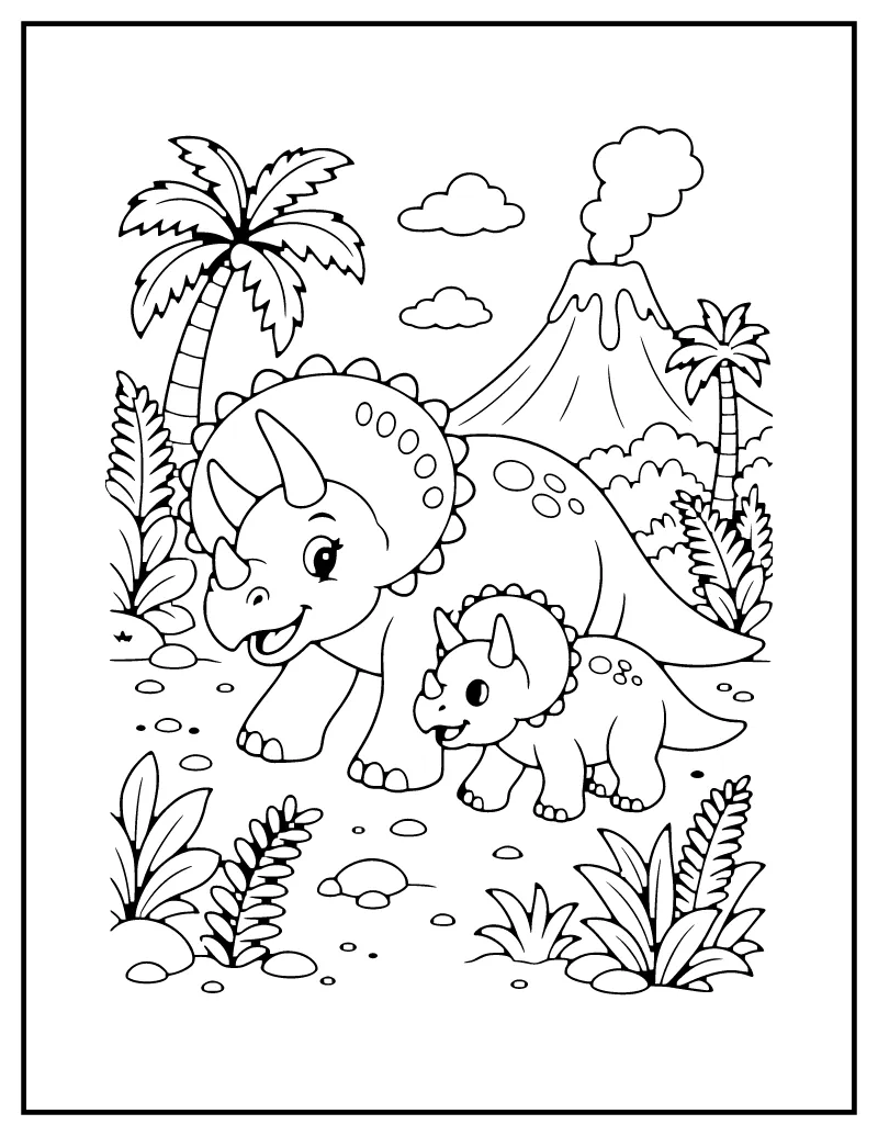 Triceratops Family coloring page – printable black and white line art