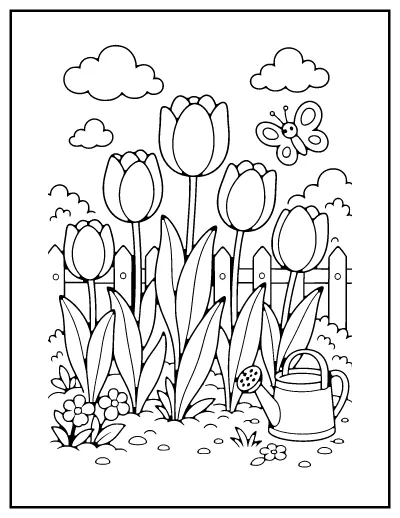 Tulip Garden coloring page – printable line art