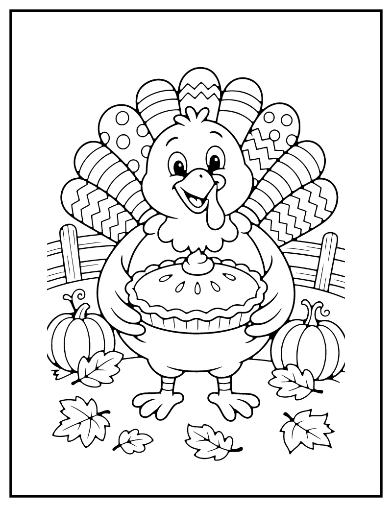 Turkey with Pumpkin Pie coloring page – printable black and white line art