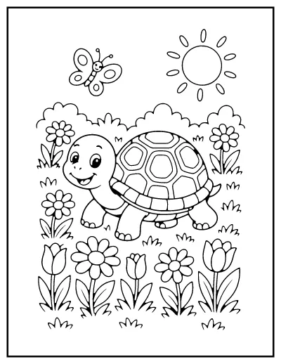 Turtle in a Flower Meadow coloring page – printable line art