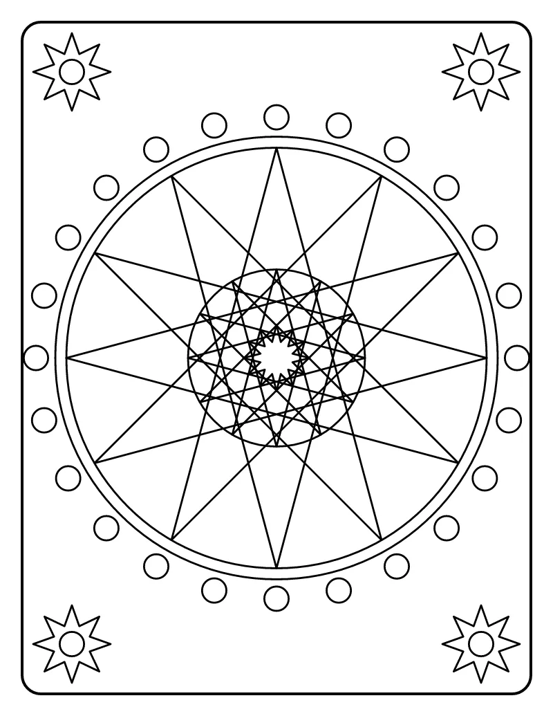 Twelve-Point Star Rosette coloring page – printable black and white line art
