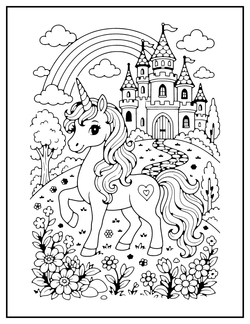 Unicorn and Fairy-Tale Castle coloring page – printable black and white line art
