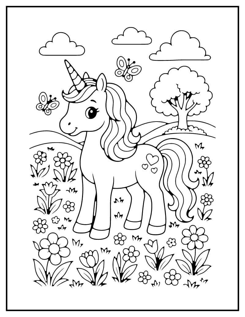 Unicorn in a Flower Meadow coloring page – printable black and white line art