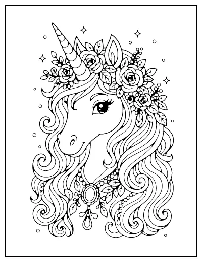Unicorn Portrait with Flower Crown coloring page – printable line art
