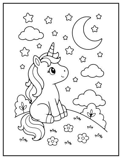 Unicorn Under the Stars coloring page – printable line art