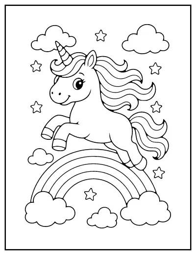 Unicorn with Rainbow coloring page – printable line art