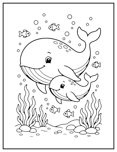 Whale and Baby coloring page – printable line art