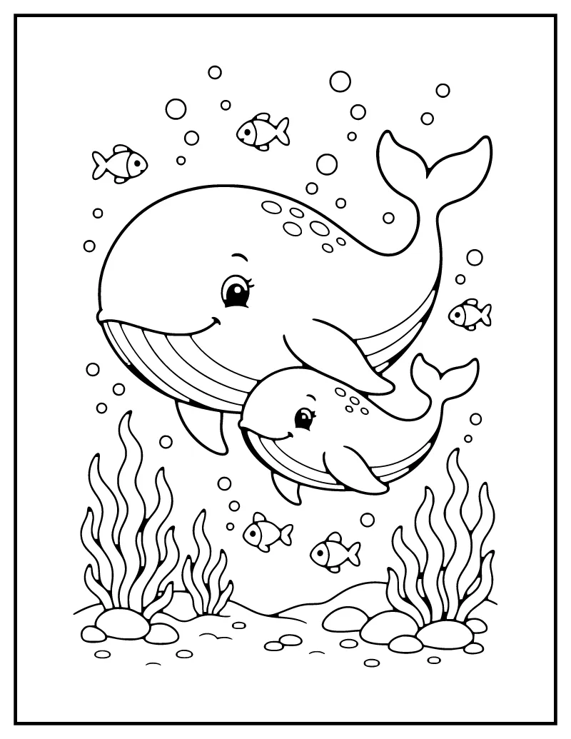 Whale and Baby coloring page – printable black and white line art
