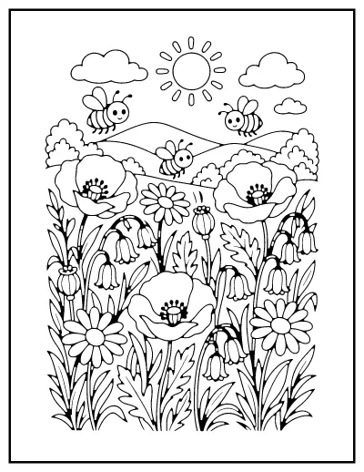 Wildflower Meadow with Bees coloring page – printable line art