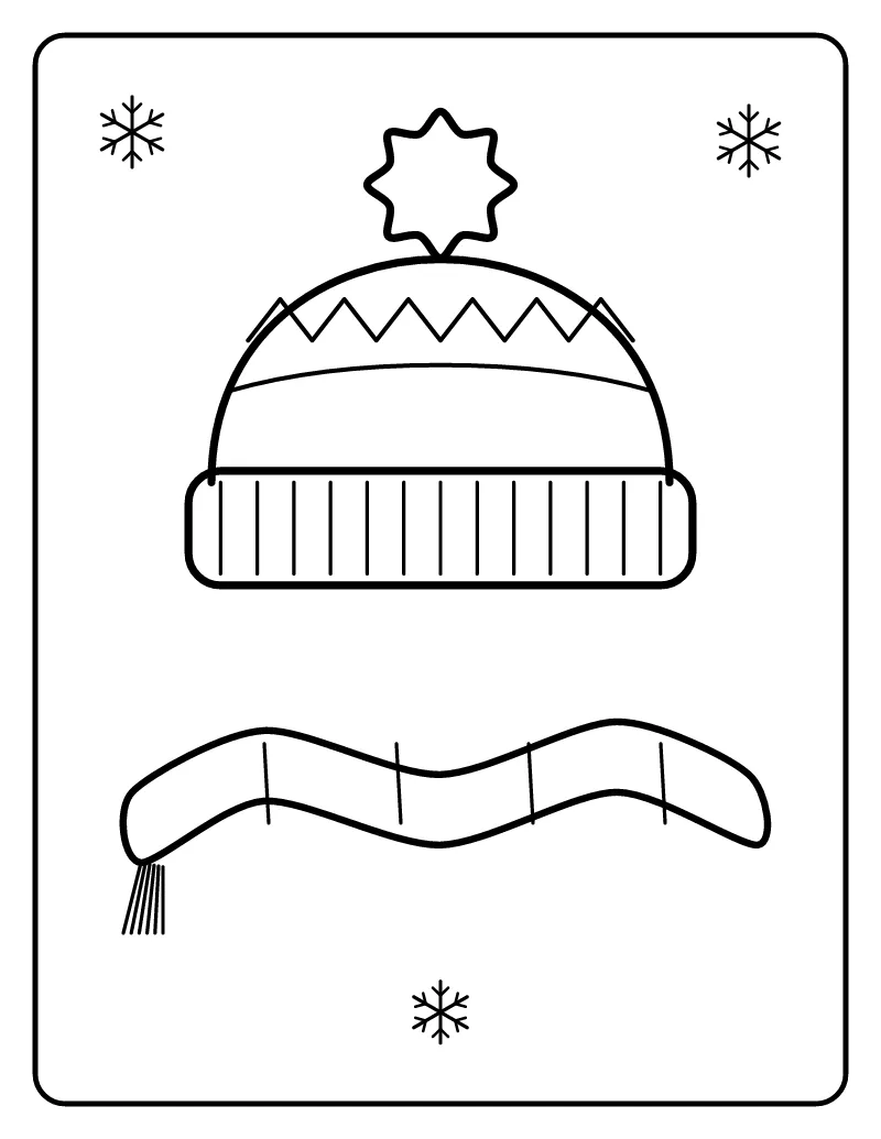 Winter Hat and Scarf coloring page – printable black and white line art